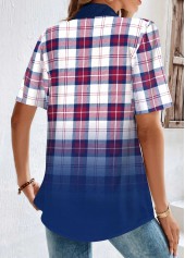 Multi Color Button Plaid Short Sleeve Split Neck Blouse