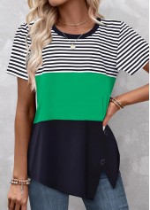 Green Patchwork Striped Short Sleeve T Shirt