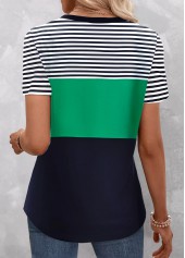 Green Patchwork Striped Short Sleeve T Shirt