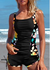 Patchwork Mid Waisted Floral Print Black Tankini Set