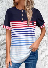 Multi Color Button Striped Short Sleeve Round Neck Blouse