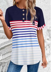 Multi Color Button Striped Short Sleeve Round Neck Blouse