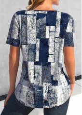 Navy Lace Up Geometric Print Short Sleeve Blouse | thumb picture 