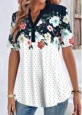 Navy Button Floral Print Short Sleeve Shirt Collar Blouse