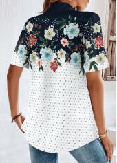 Navy Button Floral Print Short Sleeve Shirt Collar Blouse