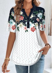 Navy Button Floral Print Short Sleeve Shirt Collar Blouse