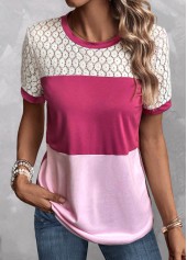 Pink Patchwork Short Sleeve Round Neck T Shirt | thumb picture 