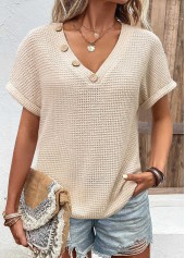 Beige Button Short Sleeve V Neck Blouse