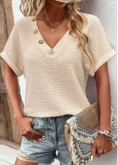 Beige Button Short Sleeve V Neck Blouse | thumb picture 