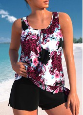 Bowknot Mid Waisted Floral Print Black Tankini Set