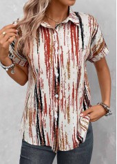 Multi Color Button Striped Short Sleeve Blouse
