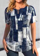 Navy Lace Up Plus Size Geometric Print Blouse
