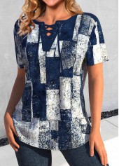 Navy Lace Up Plus Size Geometric Print Blouse