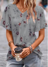 Grey Floral Print Short Sleeve V Neck Blouse | thumb picture 