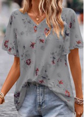 Grey Floral Print Short Sleeve V Neck Blouse | thumb picture 