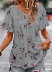 Grey Floral Print Short Sleeve V Neck Blouse