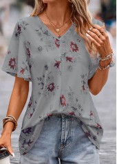 Grey Floral Print Short Sleeve V Neck Blouse | thumb picture 