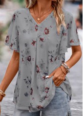 Grey Floral Print Short Sleeve V Neck Blouse | thumb picture 