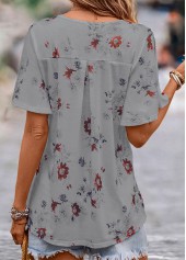 Grey Floral Print Short Sleeve V Neck Blouse | thumb picture 