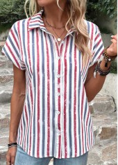 Multi Color Button Striped Short Sleeve Blouse