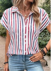 Multi Color Button Striped Short Sleeve Blouse