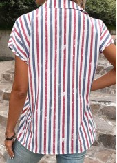 Multi Color Button Striped Short Sleeve Blouse