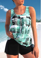 Bowknot Mid Waisted Geometric Print Tankini Set
