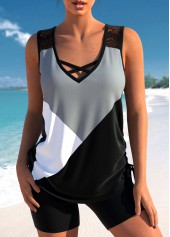 Patchwork Criss Cross Black Tankini Top-No Bottom | picture 1