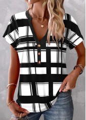 Black Button Plaid Short Sleeve T Shirt
