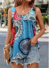 Blue Ruched Tribal Print Tank Top
