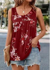 Red Ruched Floral Print Tank Top