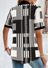 Black Button Geometric Print Short Sleeve Shirt Collar Blouse | thumb picture 