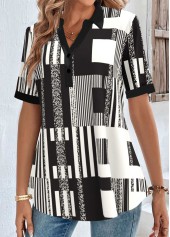 Black Button Geometric Print Short Sleeve Shirt Collar Blouse | thumb picture 