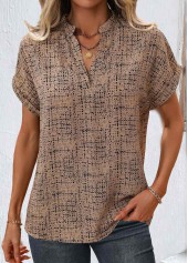 Light Coffee Split Geometric Print Short Sleeve Blouse