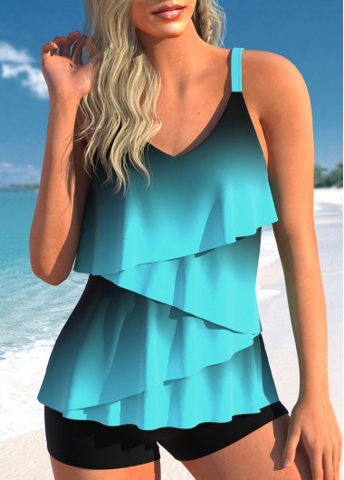 women clothes image of Layered Hem Ombre Cyan Tankini Set