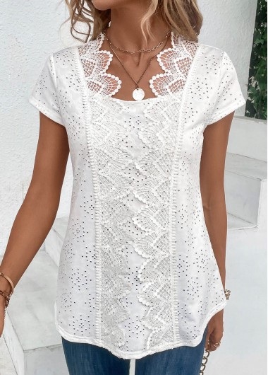 women clothes image of White Patchwork Short Sleeve Scoop Neck Blouse