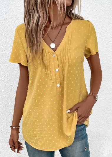 women clothes image of Light Yellow Jacquard Short Sleeve V Neck Blouse
