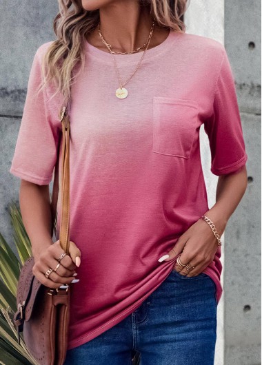 Pink Pocket Ombre Short Sleeve T Shirt | modlily.com - USD 23.98