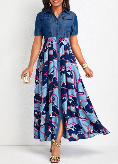 Modlily Denim Blue Button Chain Print Maxi Dress - L