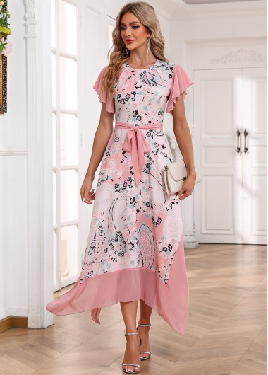 Modlily Light Pink Handkerchief Hem Paisley Print Belted Dress - S