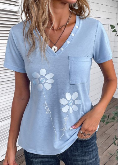 Modlily Light Blue Button Floral Print T Shirt - S