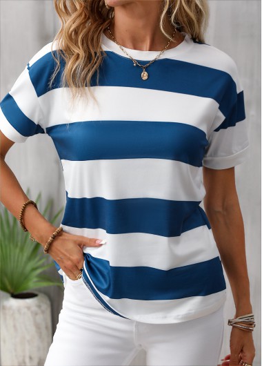 Modlily Blue Striped Short Sleeve Round Neck T Shirt - S