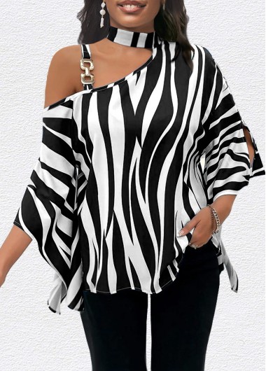 Modlily Black Asymmetry Zebra Stripe Print T Shirt - M