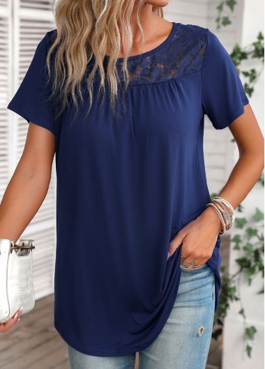Modlily Navy Lace Short Sleeve Round Neck T Shirt - S