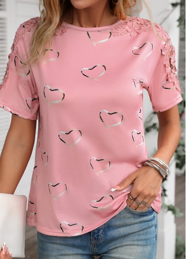 Modlily Pink Lace Heart Print Short Sleeve T Shirt - S