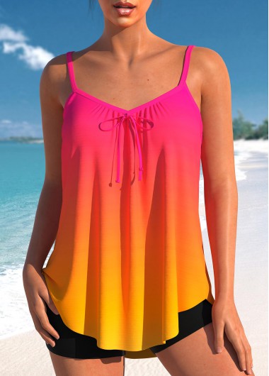 Modlily Bowknot Ombre Neon Rose Red Tankini Set - L