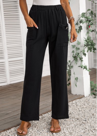 Black Pocket Elastic Waist High Waisted Pants | modlily.com - USD 14.98