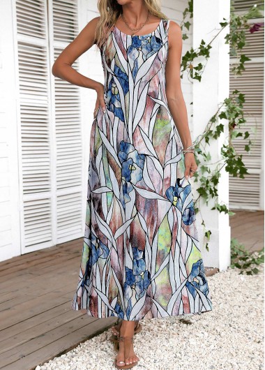 Modlily Multi Color Leaf Print Maxi Dress - M