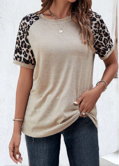 Modlily Light Camel Patchwork Leopard Short Sleeve T Shirt - S