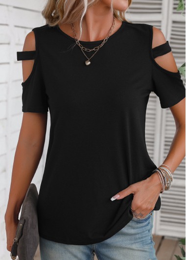 Modlily Black Cut Out Short Sleeve T Shirt - S